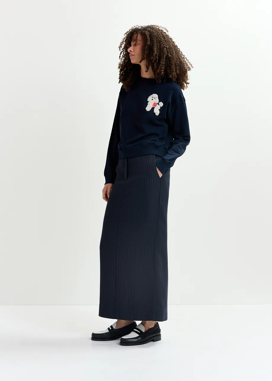 Navy blue organic cotton sweatshirt with bead-embroidered poodle