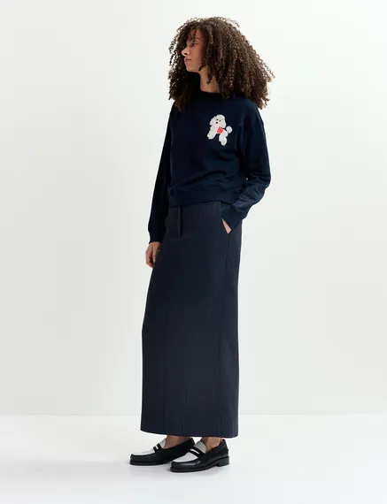 Navy blue organic cotton sweatshirt with bead-embroidered poodle