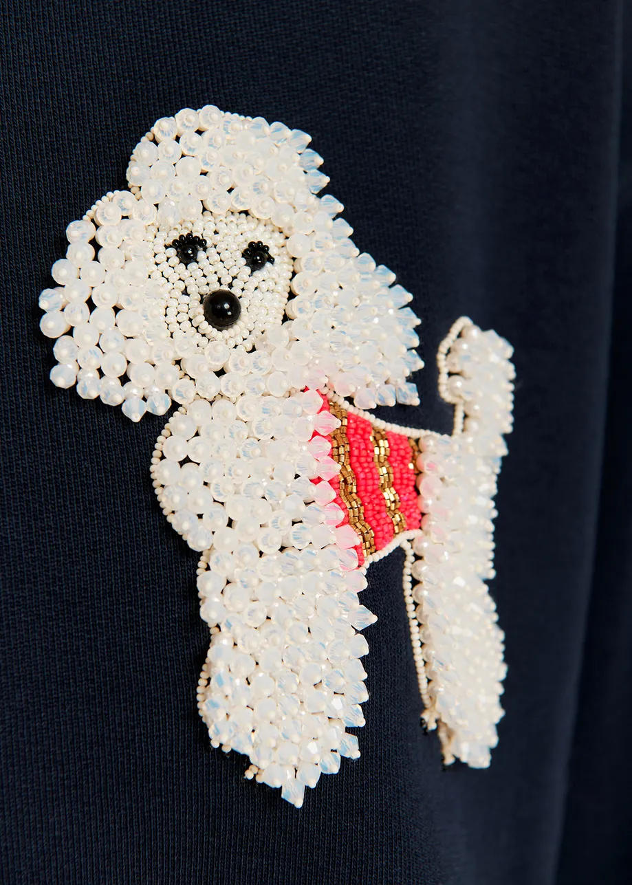 Navy blue organic cotton sweatshirt with bead-embroidered poodle