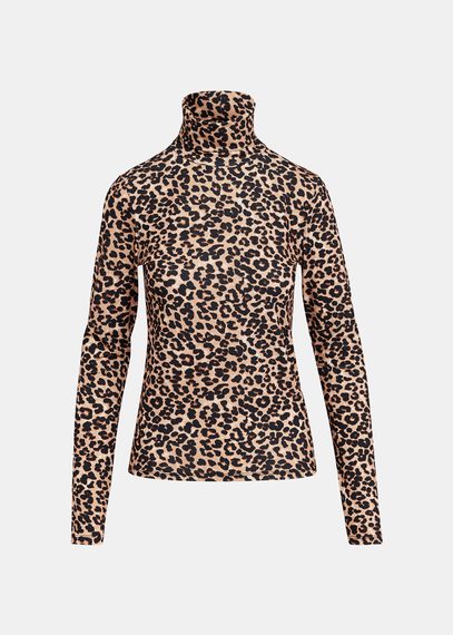 Top a collo alto marrone con stampa leopardata