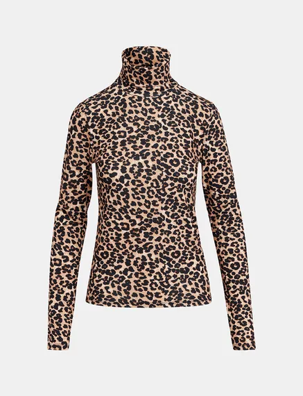 Top a collo alto marrone con stampa leopardata