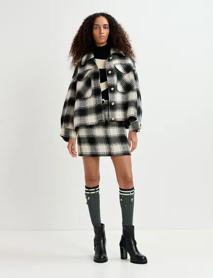 Ecru and black checked oversized jacket