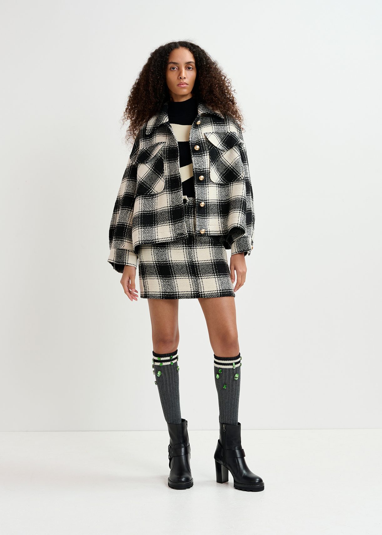 Ecru and black checked oversized jacket | Essentiel Antwerp Spain