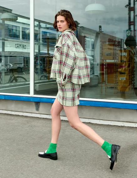 Ecru, black and green checked oversized jacket