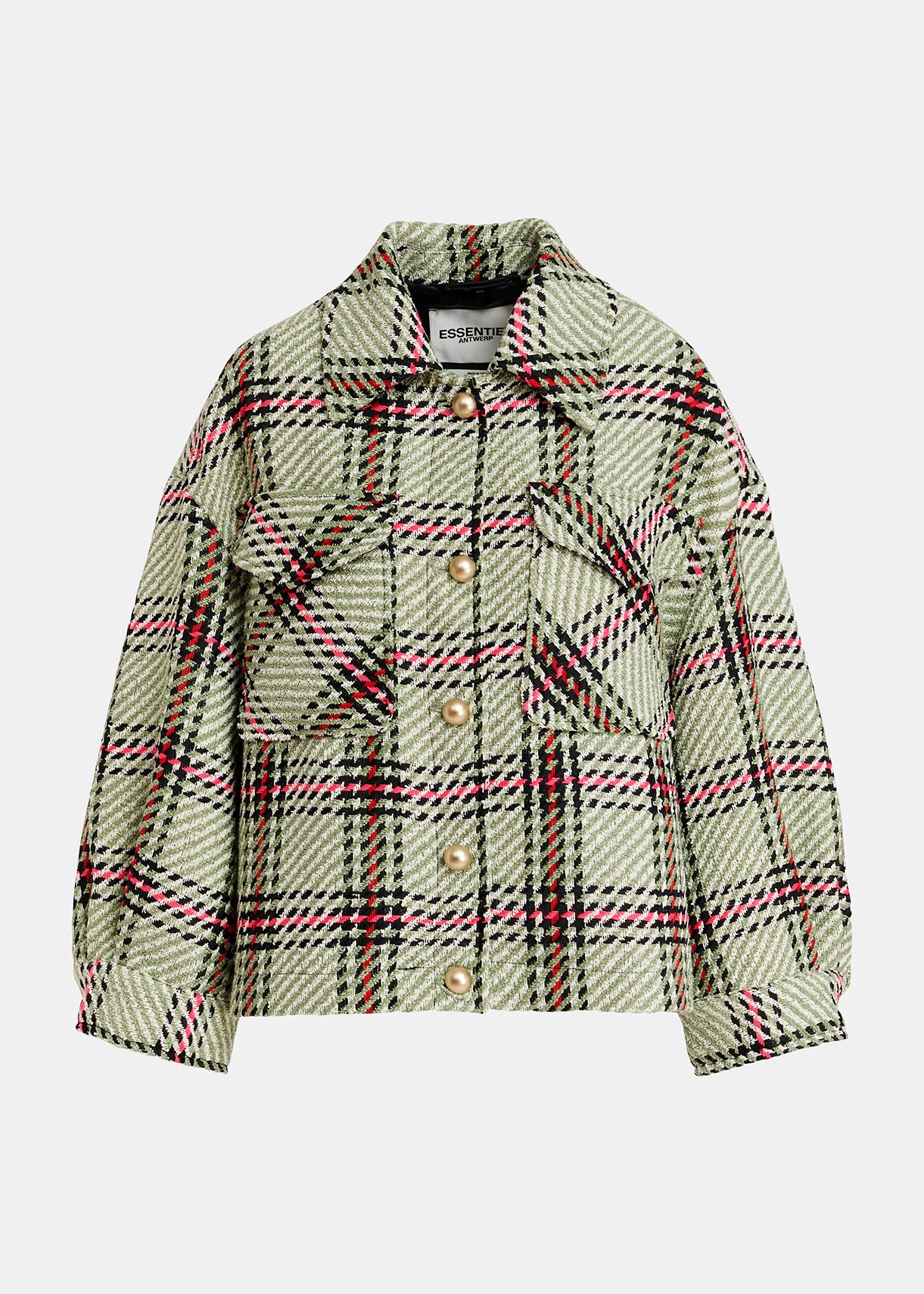 Ecru, black and green checked oversized jacket