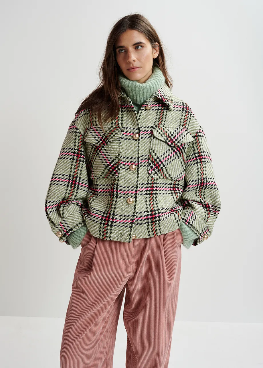 Ecru, black and green checked oversized jacket