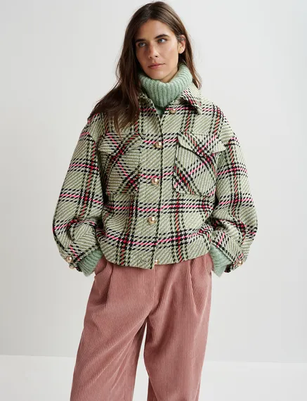 Ecru, black and green checked oversized jacket