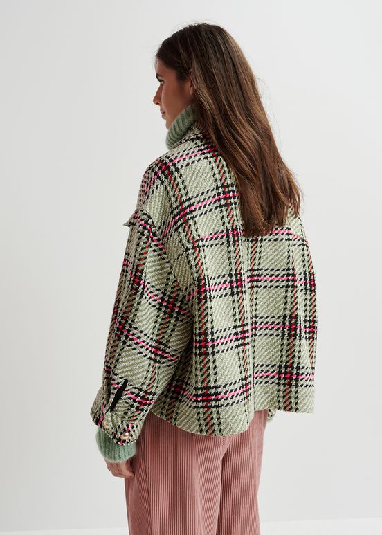 Ecru, black and green checked oversized jacket