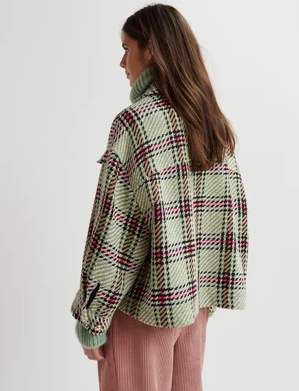 Ecru, black and green checked oversized jacket