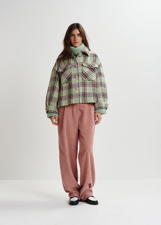 Ecru, zwarte en groene oversized jas met ruitjes