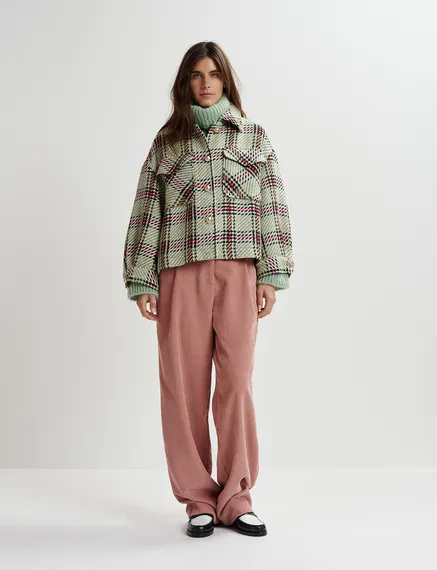 Ecru, zwarte en groene oversized jas met ruitjes