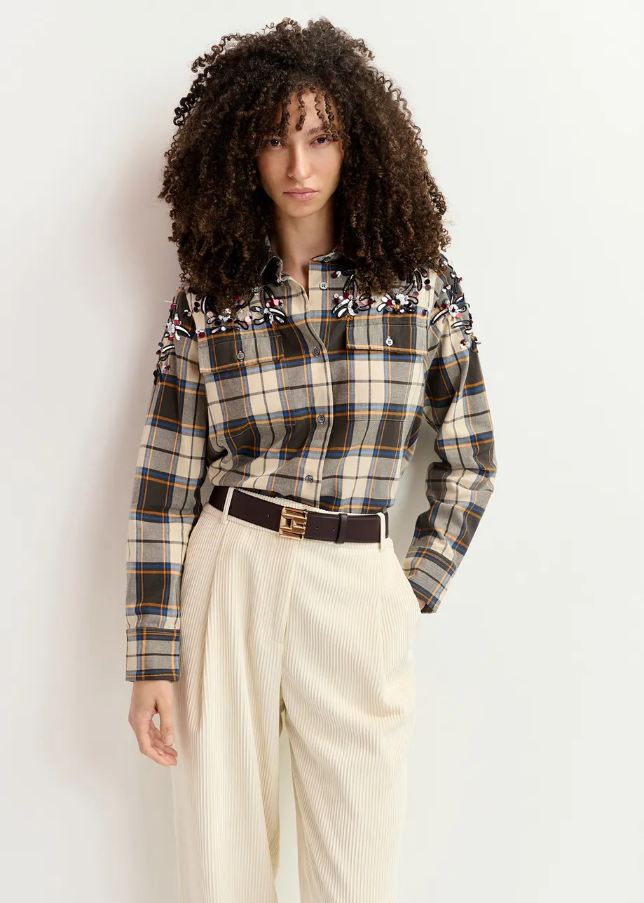 Beige checked cotton shirt with embroidery