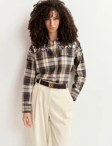 Beige checked cotton shirt with embroidery