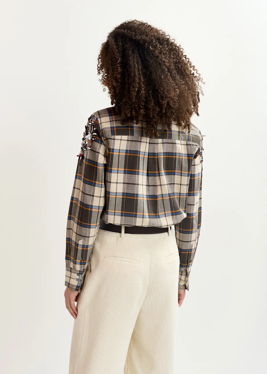 Beige checked cotton shirt with embroidery