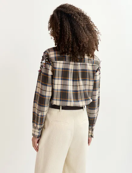 Beige checked cotton shirt with embroidery