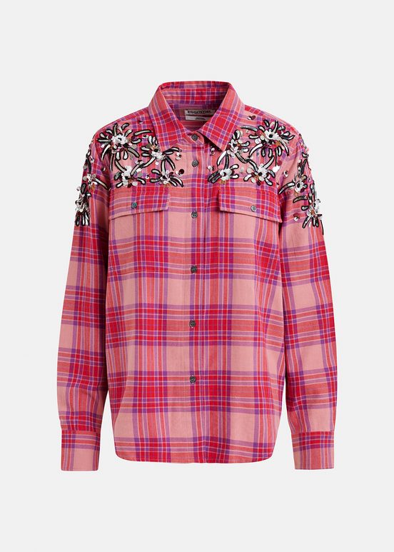 Peach checked cotton shirt with embroidery