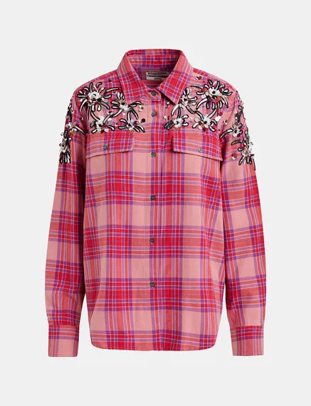 Peach checked cotton shirt with embroidery