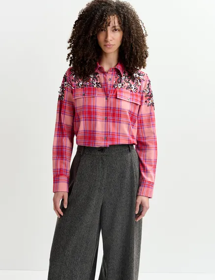 Peach checked cotton shirt with embroidery