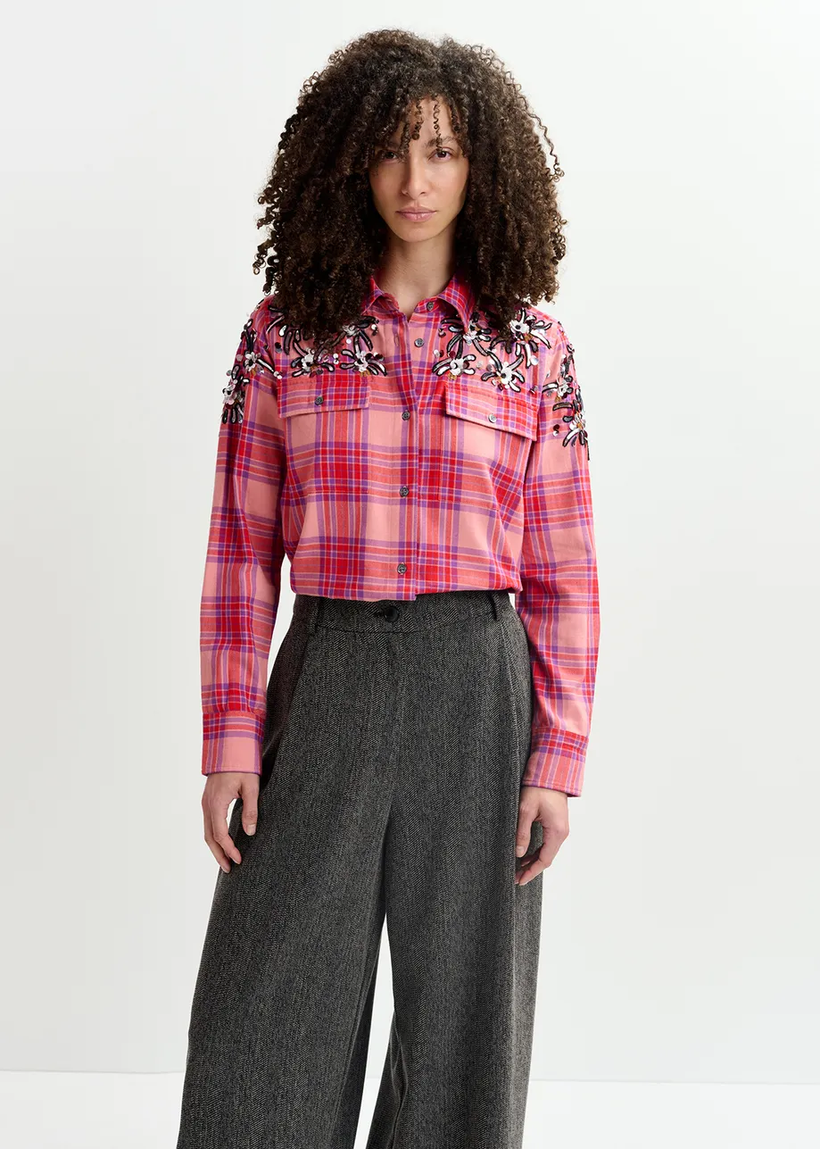 Peach checked cotton shirt with embroidery