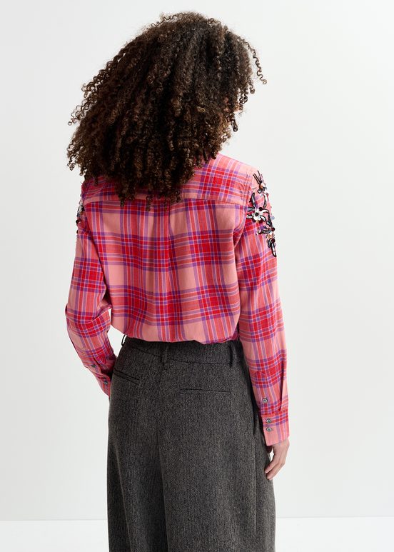 Peach checked cotton shirt with embroidery