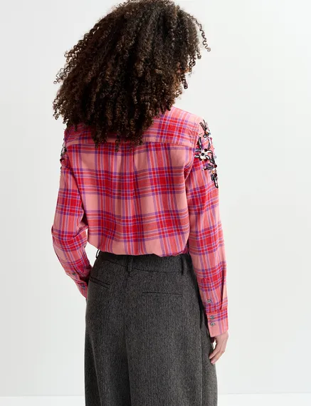 Peach checked cotton shirt with embroidery