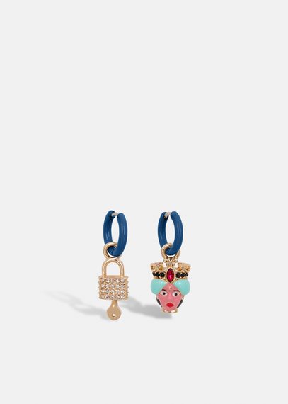 Dark blue hoop earrings with padlock and face pendants