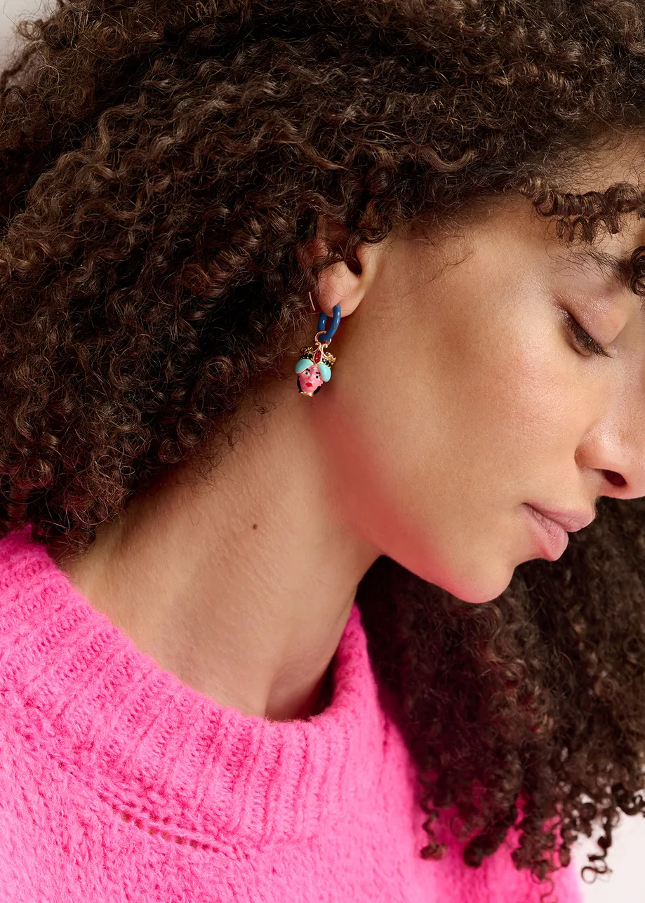 Dark blue hoop earrings with padlock and face pendants