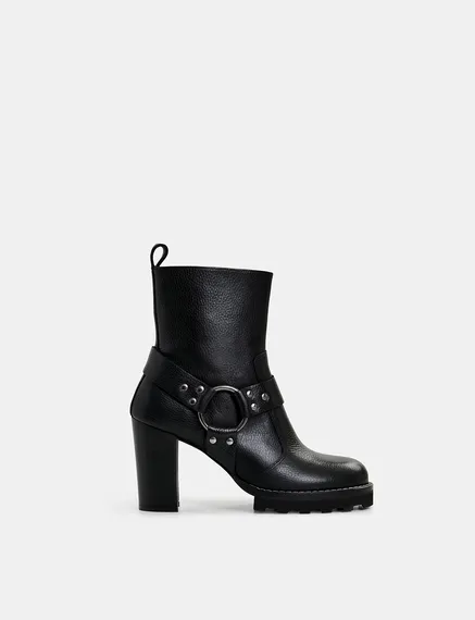 Black leather buckled ankle boots