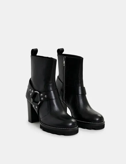 Black leather buckled ankle boots