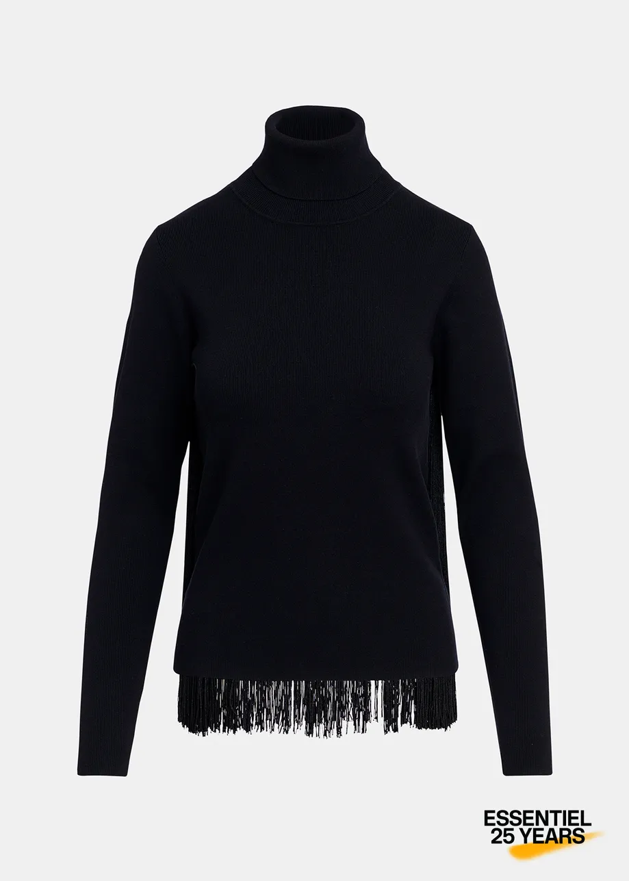 Black turtleneck knit sweater with fringes - 25 year exclusive