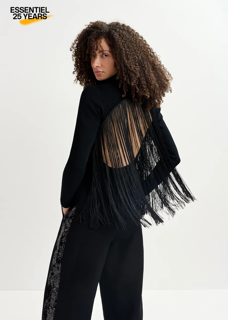 Black turtleneck knit sweater with fringes - 25 year exclusive