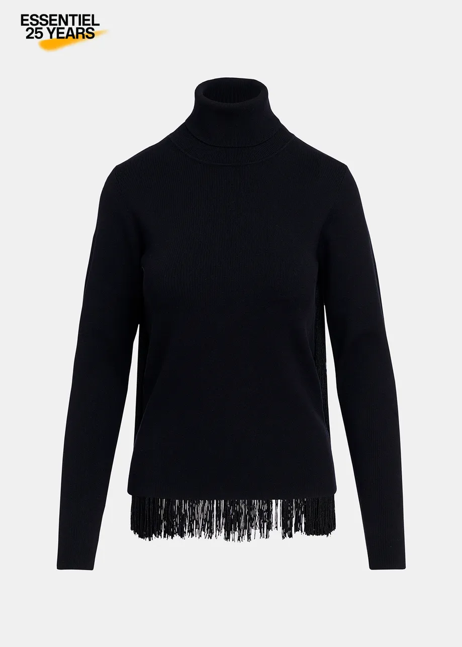 Black turtleneck knit sweater with fringes - 25 year exclusive