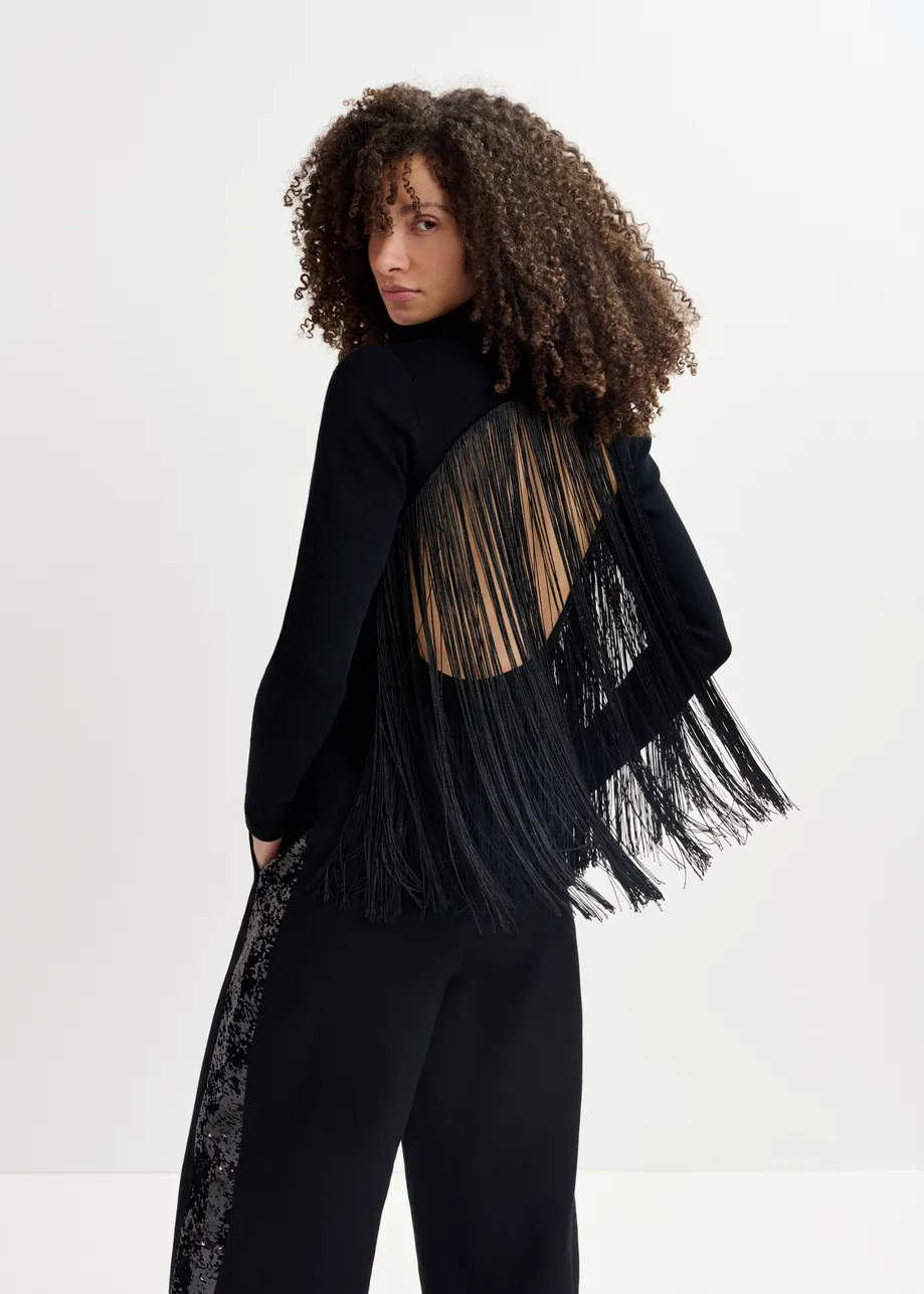 Black turtleneck knit sweater with fringes - 25 year exclusive