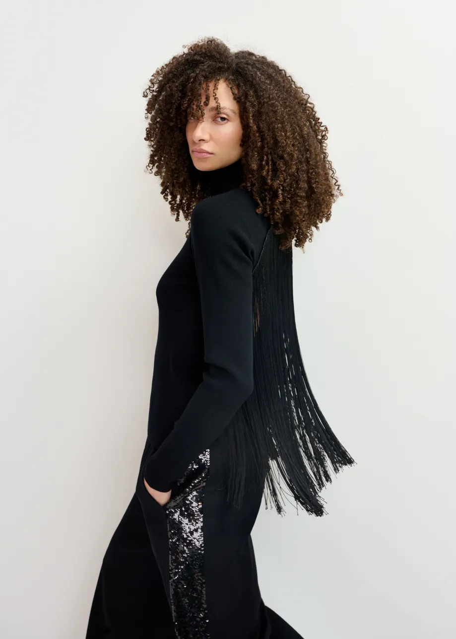 Black turtleneck knit sweater with fringes - 25 year exclusive