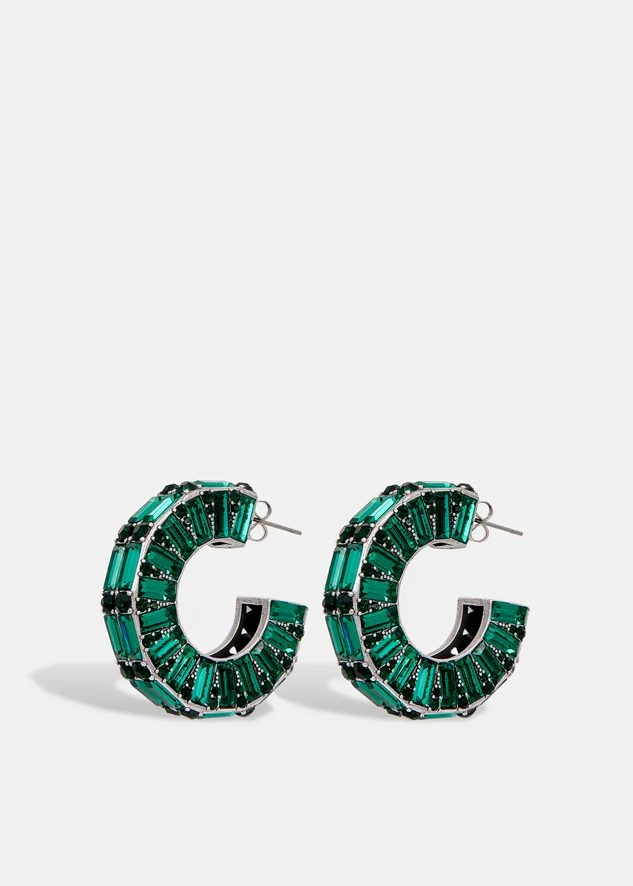 Silver-tone hoop earrings with dark green rhinestones