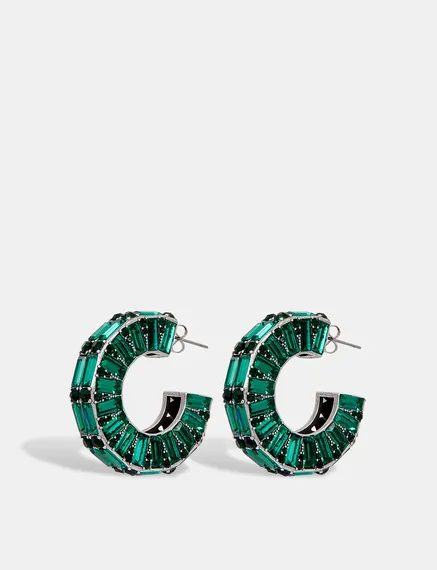 Silver-tone hoop earrings with dark green rhinestones