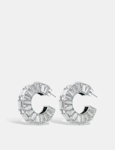 Silver-tone hoop earrings with rhinestones