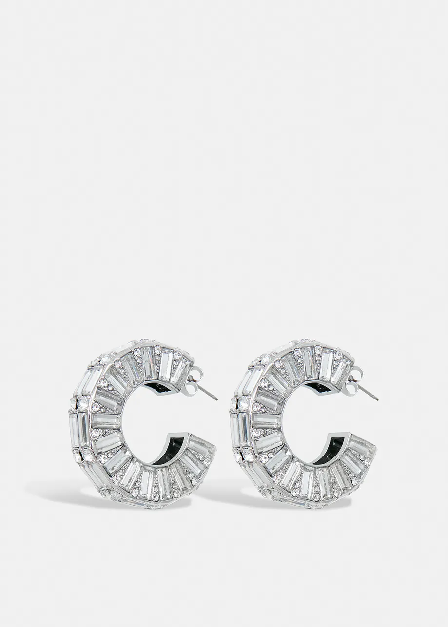 Silver-tone hoop earrings with rhinestones