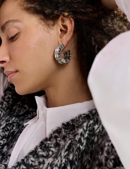 Silver-tone hoop earrings with rhinestones