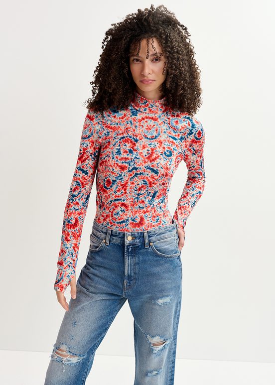 Red and blue tie-dye printed turtleneck top