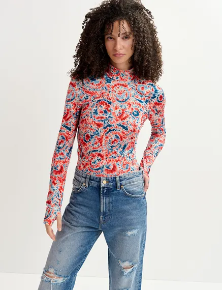 Red and blue tie-dye printed turtleneck top