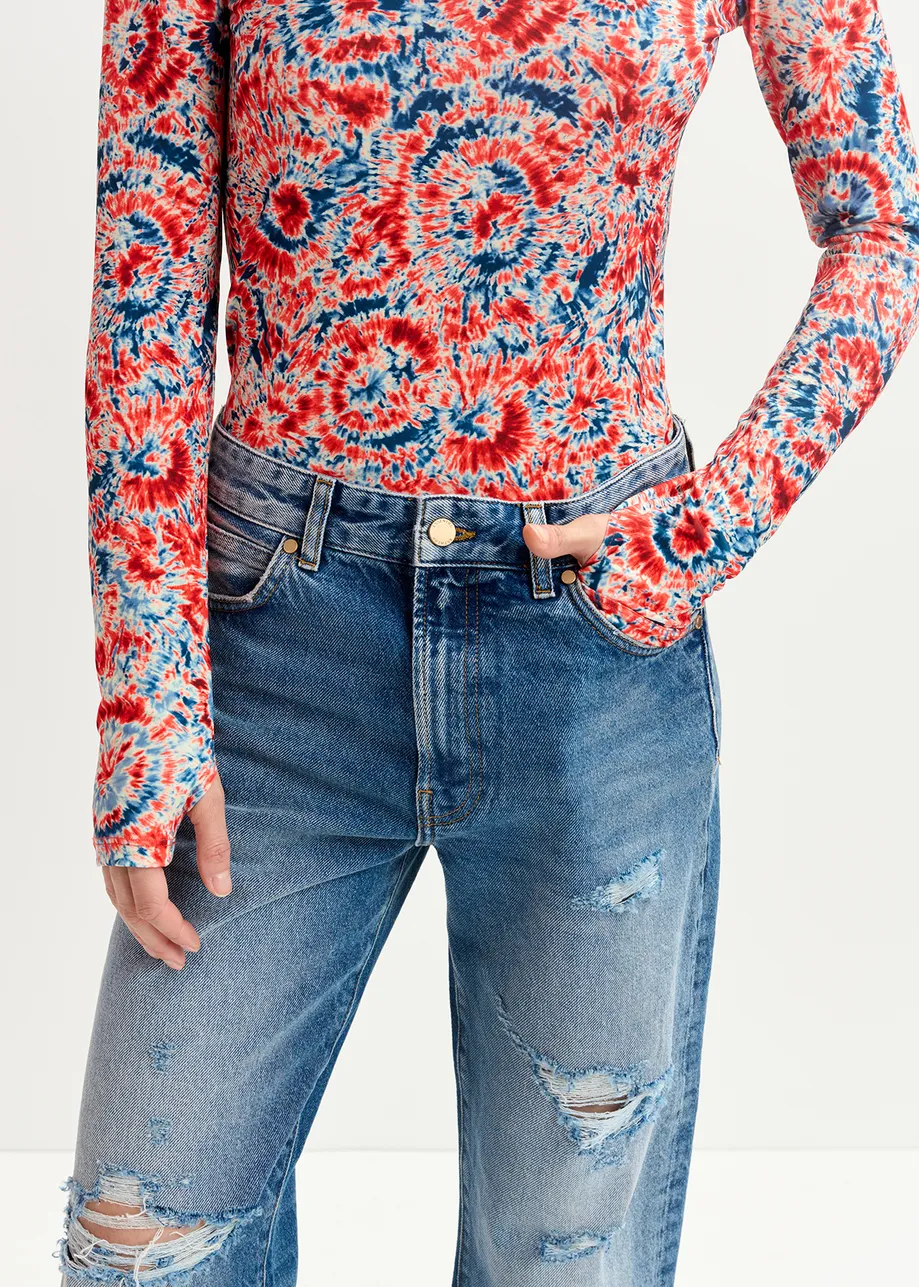 Red and blue tie-dye printed turtleneck top