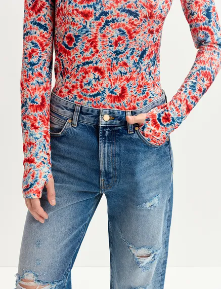 Red and blue tie-dye printed turtleneck top