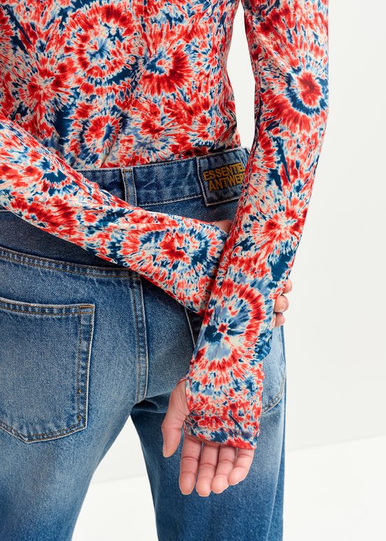 Red and blue tie-dye printed turtleneck top