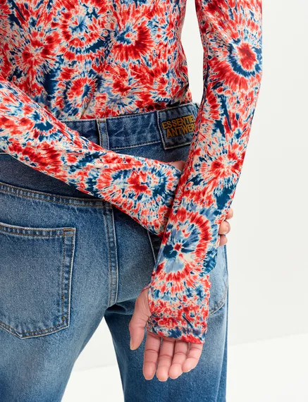 Red and blue tie-dye printed turtleneck top