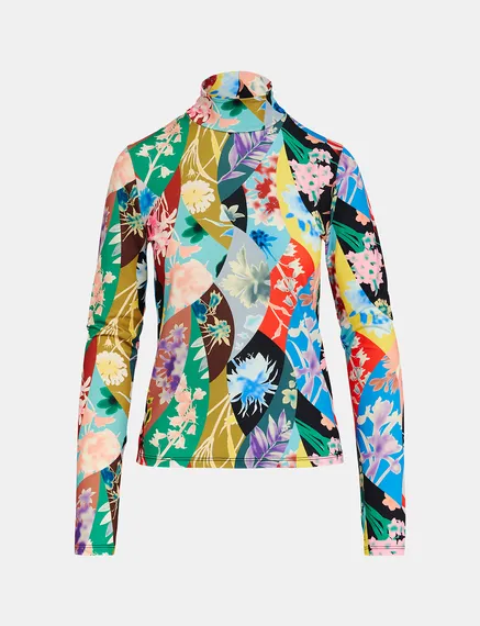 Multicolor floral-print turtleneck top