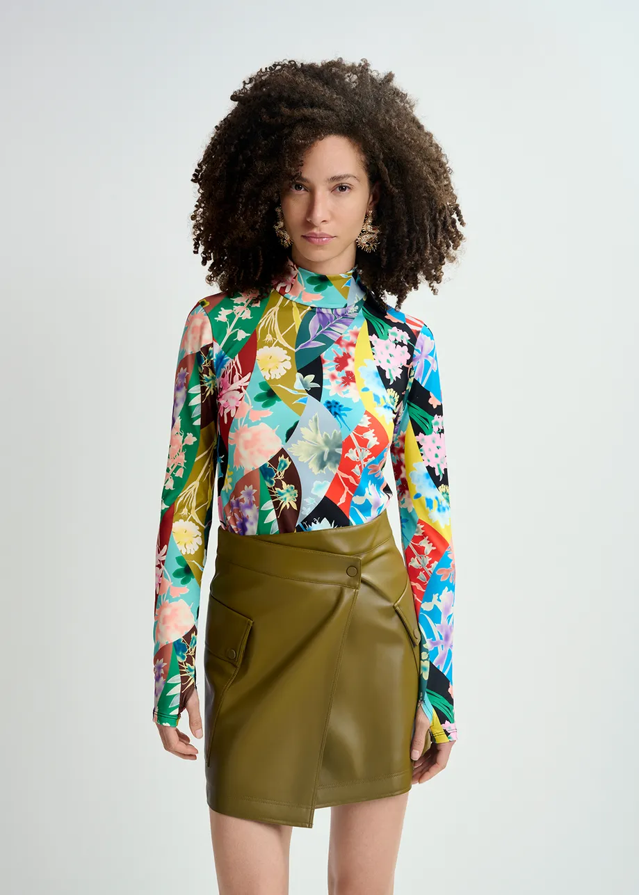 Multicolor floral-print turtleneck top