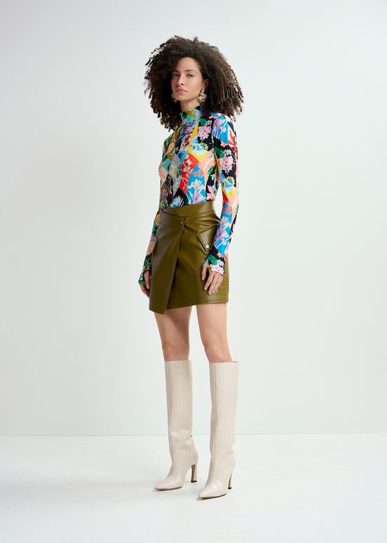 Multicolor floral-print turtleneck top