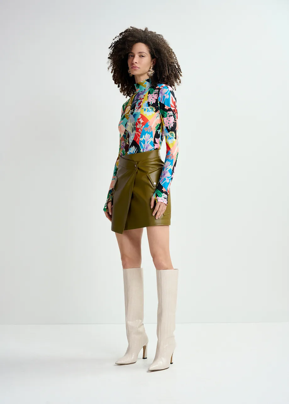 Multicolor floral-print turtleneck top