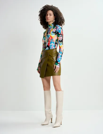 Multicolor floral-print turtleneck top